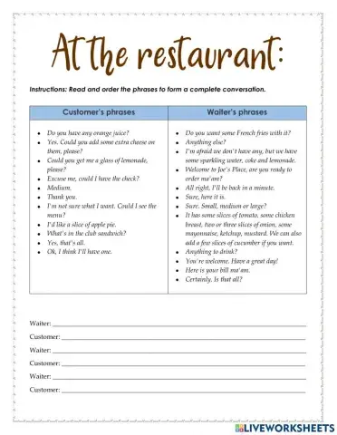 At the restaurant - Ordering exercise