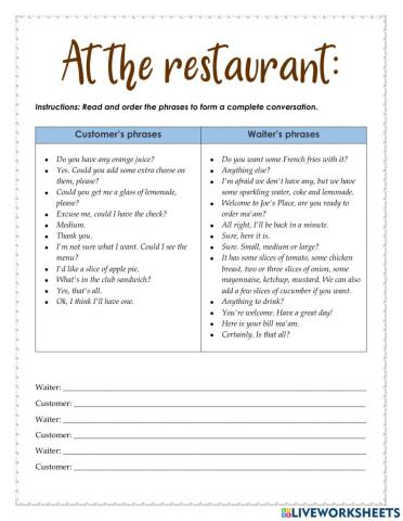 At the restaurant - Ordering exercise
