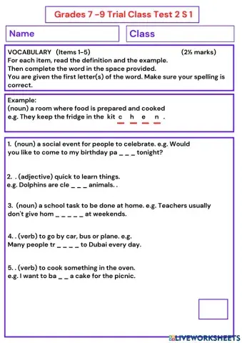Class Test 2 S 1 Grades 7 - 9