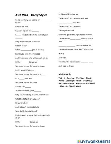 As it was - Complete the lyrics