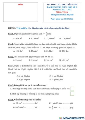 Đề thi TOÁN 5 - GK2  năm học 21-22