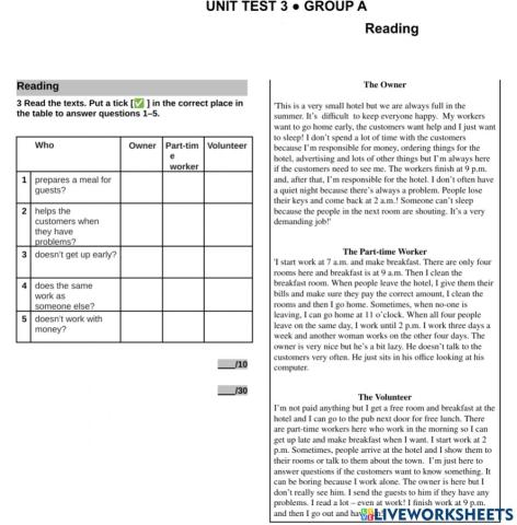 Unit Test 3, Group A, Reading