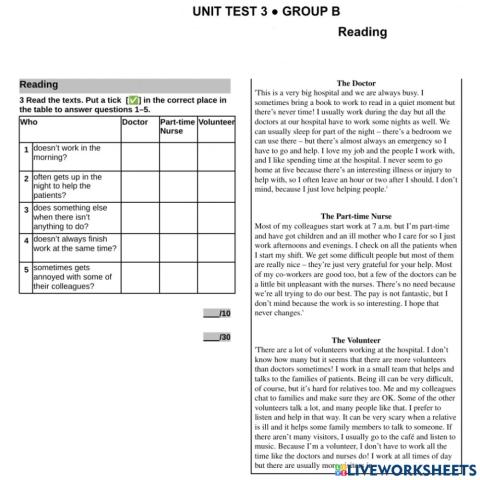 Unit Test 3, Group B, Reading