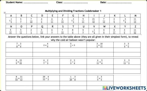 Multiplying and Dividing Fractions Codebreaker 1