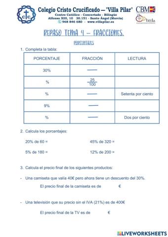 REPASO 5º. TEMA 4. Porcentajes
