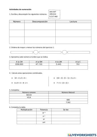 Actividades de numeración