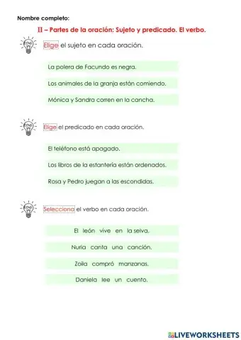 Partes de la oración: El sujeto y predicado.