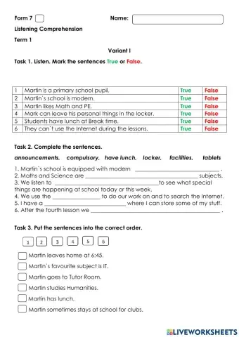 My school. Listening comprehension