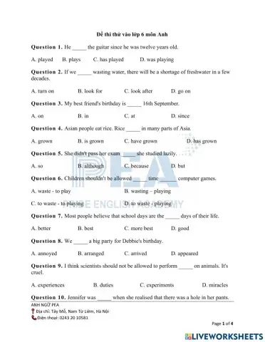 Đề luyện thi vào lớp 6 - số 1