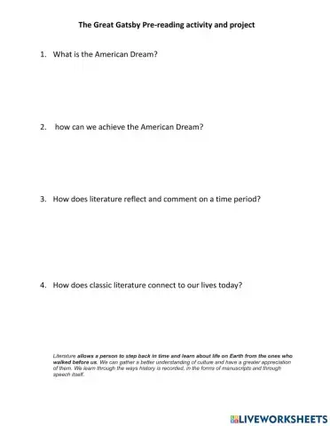 Pre-reading activity for the Great Gatsby