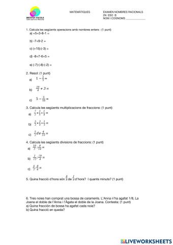 Examen de nombres enters i fraccions