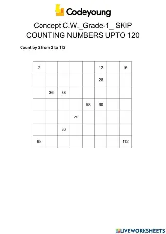 Concept C.W.-Grade-1- SKIP COUNTING NUMBERS UPTO 120