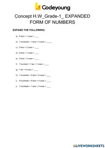 Concept H.W-Grade-1- EXPANDED FORM OF NUMBERS
