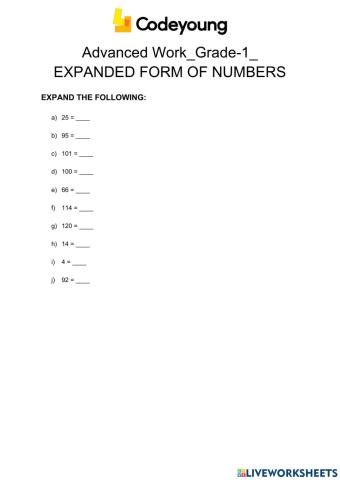Advanced Work-Grade-1- EXPANDED FORM OF NUMBERS
