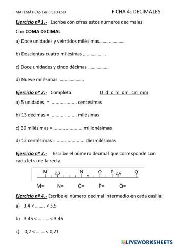 DECIMALES 1er. CICLO ESO