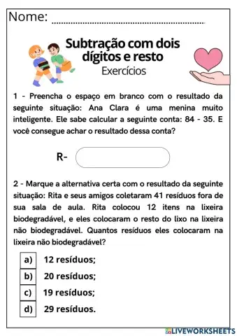 Subtração com dois dígitos e resto
