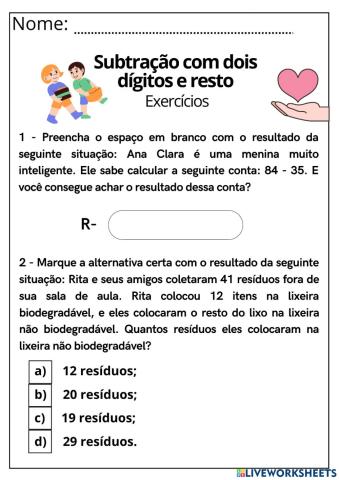 Subtração com dois dígitos e resto