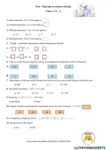 Operatii cu numere intregi - test clasa VI