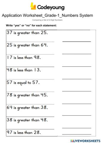 Comparing a Set of 2-Digit Numbers-Application Worksheet
