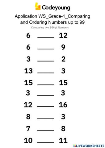 Comparing two 2-Digit Numbers-Application WS