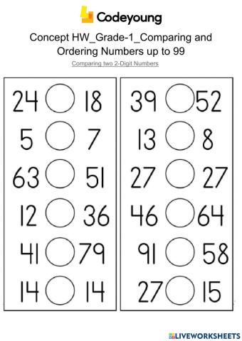 Comparing two 2-Digit Numbers-Concept HW