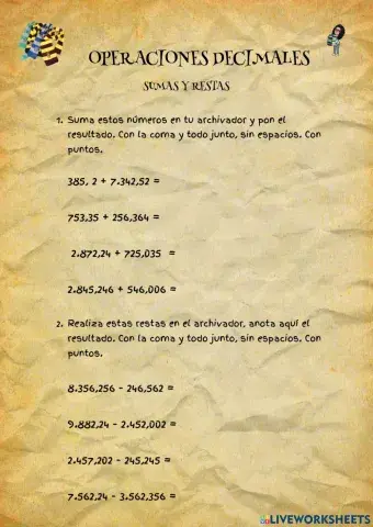 Operaciones decimales sumas y restas