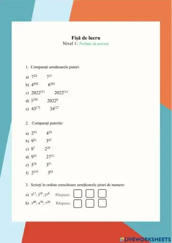 Fișă de lucru - Compararea puterilor - Nivel începător