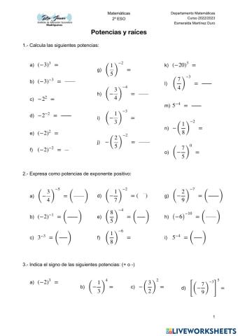 Potencias y raíces cuadradas I