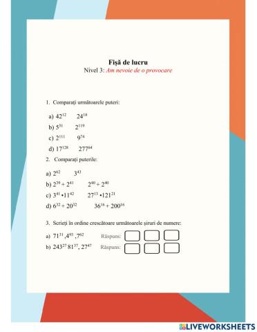 Fișa de lucru - Compararea puterilor - Nivel avansat
