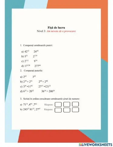 Fisa de lucru - Compararea puterilor - Nivel avansat
