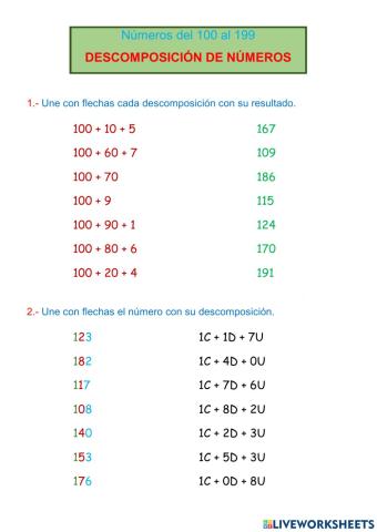 Números del 100 al 199: descomposición