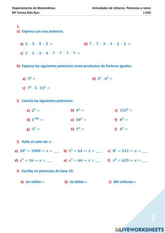 Actividades refuerzo potencias y raíces
