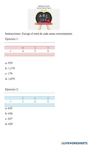 Suma reagrupando con 3 dígitos