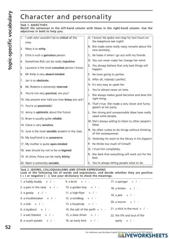 Vocabulary Ex.: Character and Personality