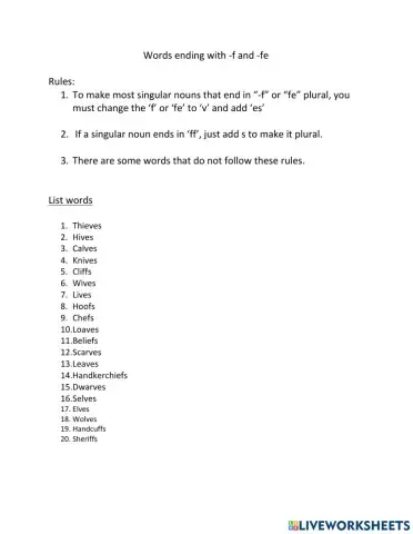 Words ending with f and fe