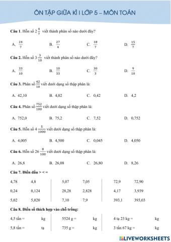 Ôn tập toán giữa kì i