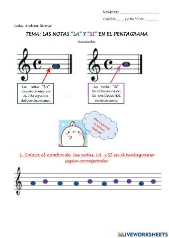 Las notas LA y SI  en clave de sol