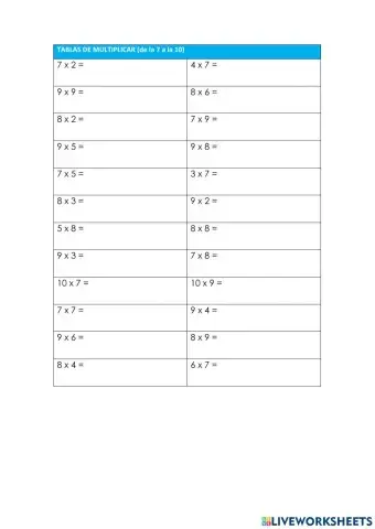 Tablas de multiplicar (de la 7  a la 10)