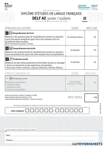 delf a2  junior scolaire