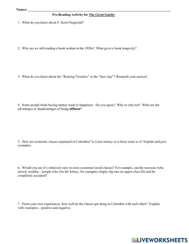 Pre Reading activity for the Great Gatsby