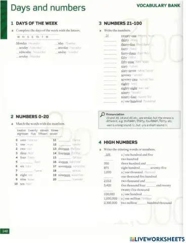 Days of the week and Numbers