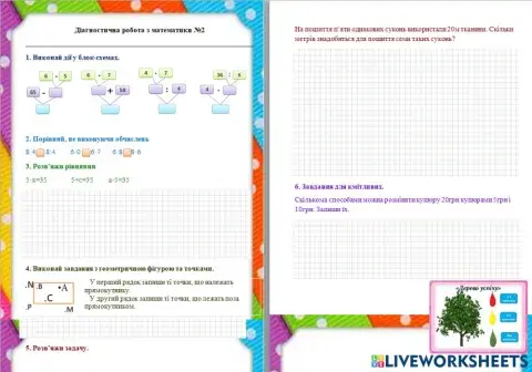 Діагностична робота 2. Таблиця множення чисел 6 і 7 та ділення на 6 і 7.