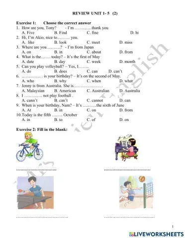 Review unit 1-5 tiếng  anh 4