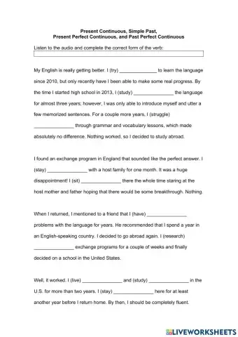 Practice Present Continuous, Simple Past, Present Perfect Continuous, and Past Perfect Continuous 15