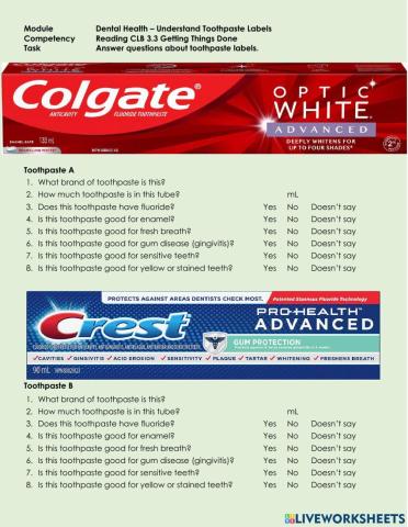 Reading CLB 3.3 Getting Things Done - Understand Toothpaste Labels - Ex. 1