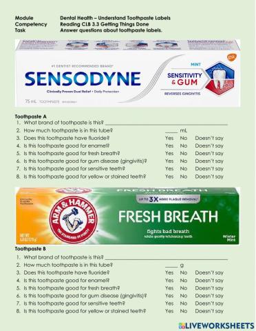 Reading CLB 3.3 Getting Things Done - Understand Toothpaste Labels - Exercise 2