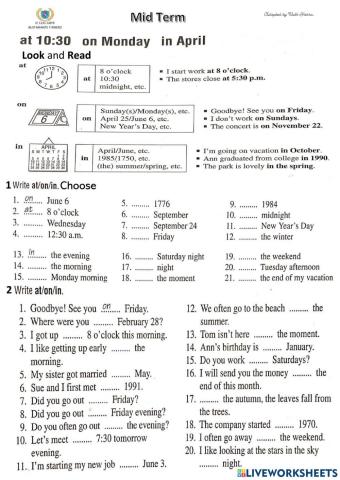 Prepositions at  on  in