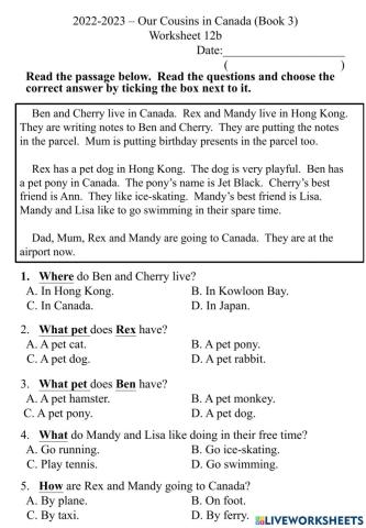 12b Comprehension Worksheet