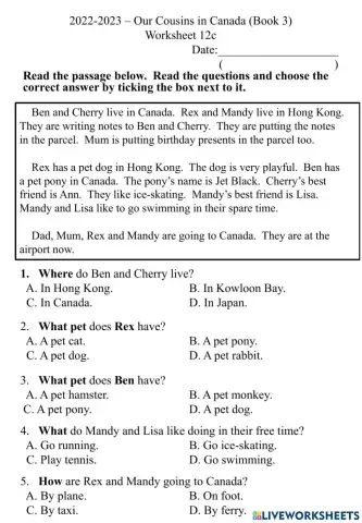 12c Comprehension Worksheet