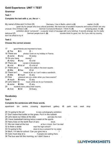 Gold Experience A2+ Unit 1 TEST Language+Skilla